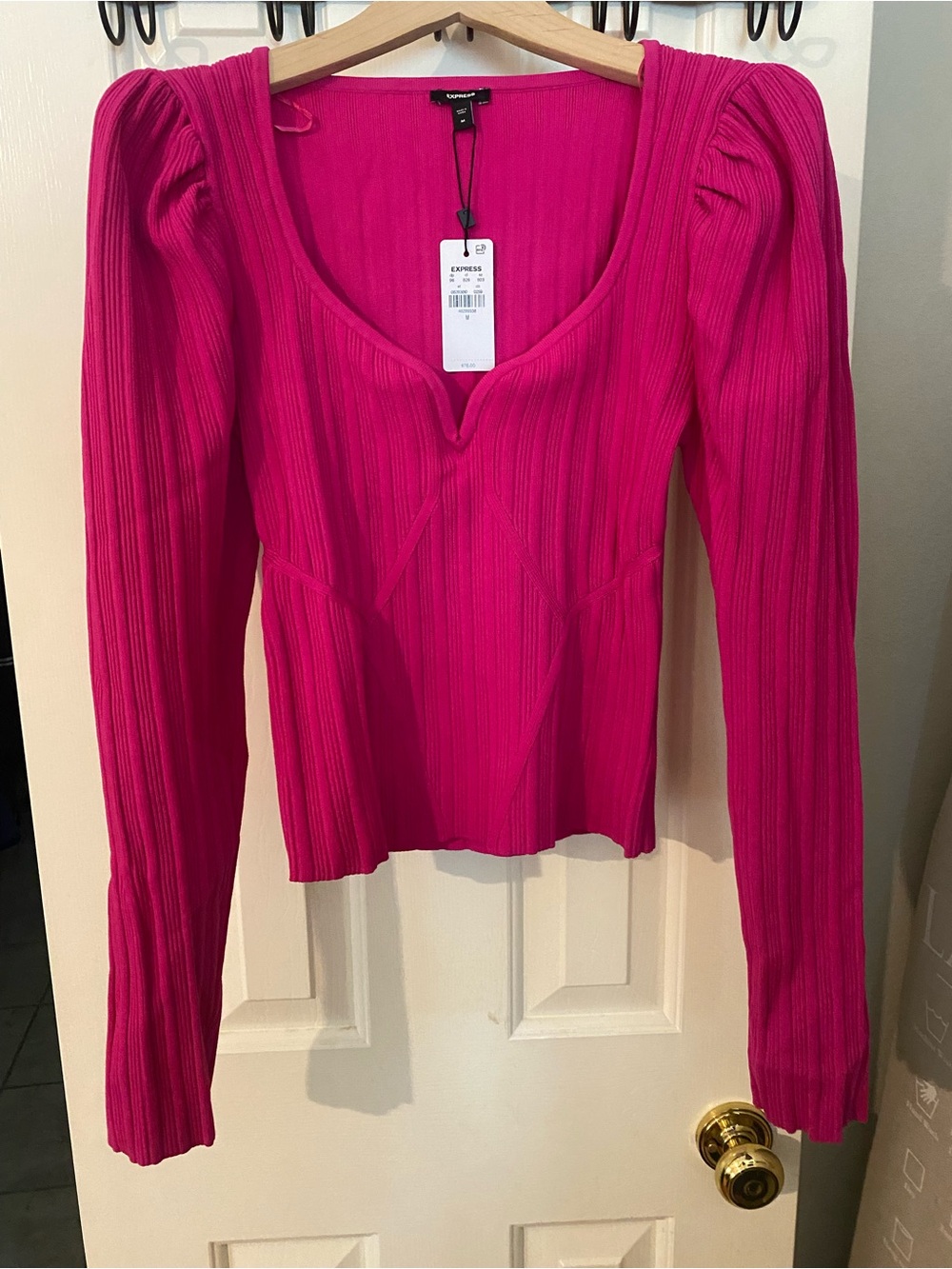 Express Hot Pink Ribbed V-Neck Long Sleeve Top